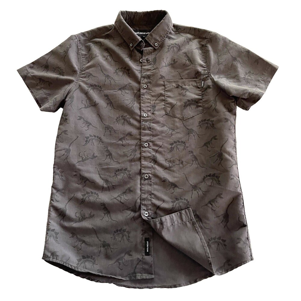 Molokai Surf Co Dinosaur Print Button Down Grey Shirt Pocket Mens Medium